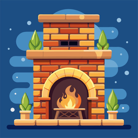 Fireplace with brick chimney. Flat style vector illustration isolated on blue background.のイラスト素材