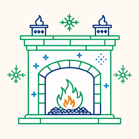Fireplace with candles and snowflakes. Linear style. Vector illustration.のイラスト素材