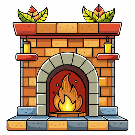 Illustration of a Fireplace in a Brick House. Cartoon Style.のイラスト素材