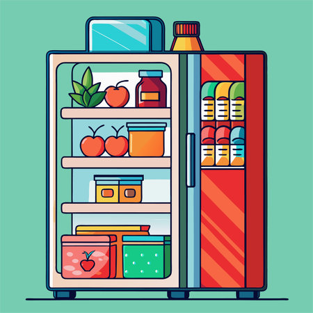 Refrigerator full of food. Vector illustration in flat style.のイラスト素材