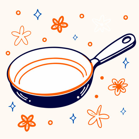 Vector illustration of a frying pan on a colored background with flowers.のイラスト素材