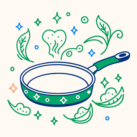 Frying pan with vegetables and stars. Vector illustration in linear style.のイラスト素材