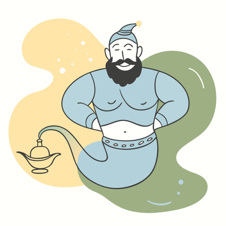Vector illustration of a genius with a magic lamp in the background.