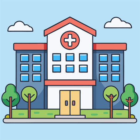 Vector illustration of hospital building in flat design style. Medical center.のイラスト素材