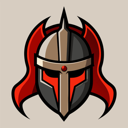 Medieval knight helmet with red ribbon and red shield. Vector illustration.のイラスト素材