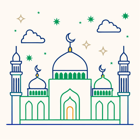 Vector illustration of Ramadan Kareem greeting card with mosque in flat linear style.のイラスト素材