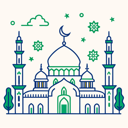 Vector illustration of mosque in flat line style. Ramadan Kareem greeting card.のイラスト素材
