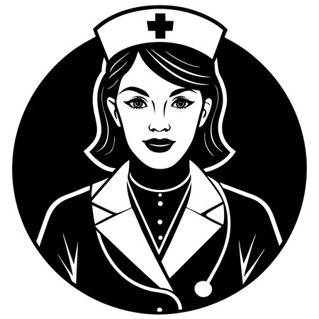 Nurse icon in black and white style. Vector illustration of a female nurse.のイラスト素材