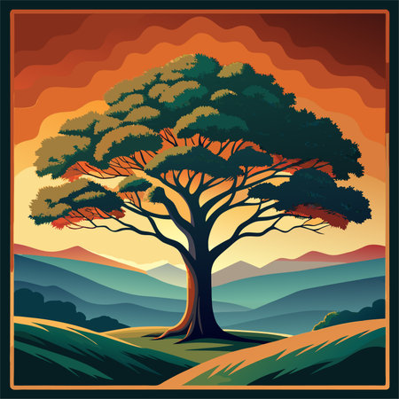 vector illustration of a tree in the middle of a field and mountainsのイラスト素材