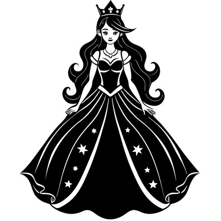 Princess in a beautiful dress. Black and white vector illustration.のイラスト素材