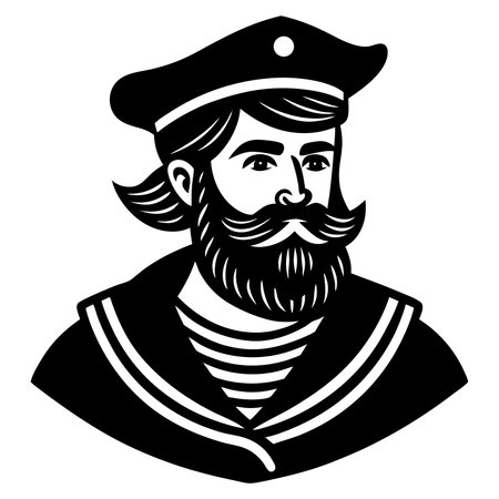 Pirate with a beard and mustache in a hat. Black and white vector illustration.のイラスト素材