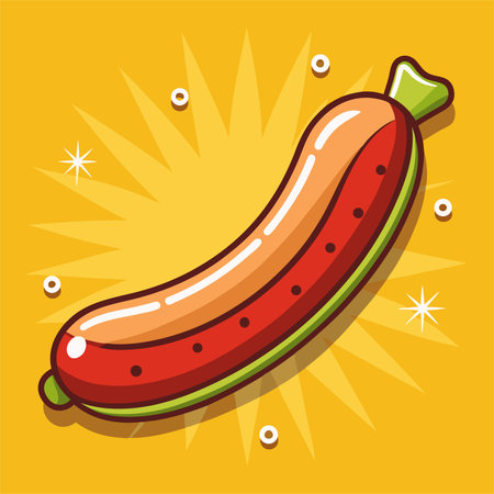 Vector illustration of a hot dog on a yellow background. Sausage icon.のイラスト素材