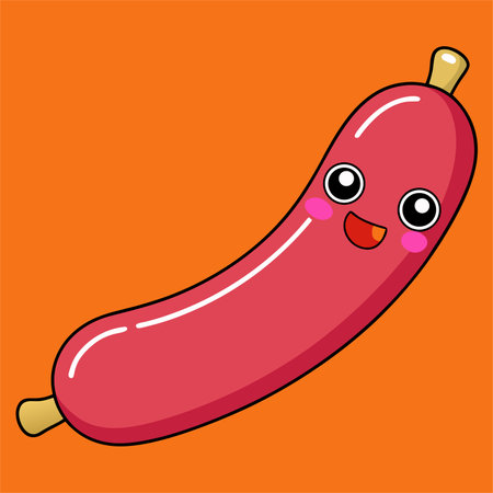 Cute kawaii sausage on orange background. Vector illustration.のイラスト素材