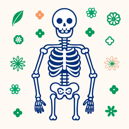 Skeleton and flowers. Vector illustration in blue and green colors.のイラスト素材
