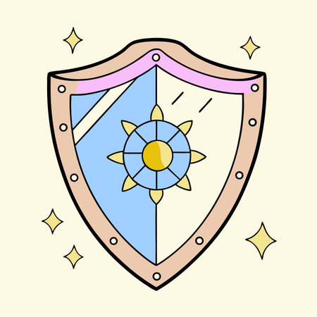Shield with sun and stars. Vector illustration in doodle style.のイラスト素材