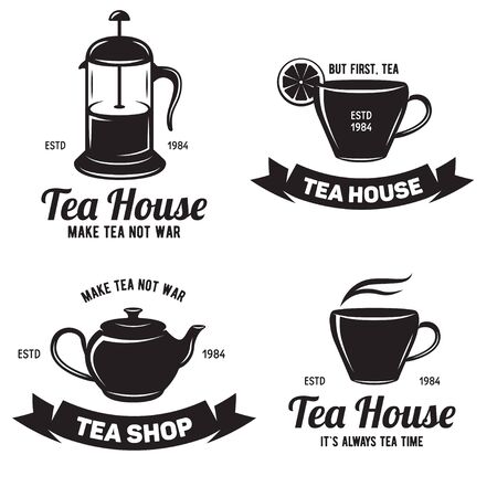 Tea related labels and quotes set for tea shops, cafes and restaurants. Vector element design, stickers, icons, business signs.のイラスト素材
