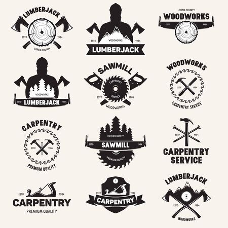 Collection of isolated vintage lumberjack labels with small retro style carpentry woodworks compositions with decorative text vector illustration on white background.のイラスト素材