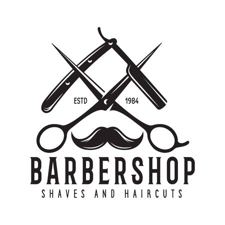 Barber shop badge. Barbers hand lettering. Design elements for logo, labels, emblems. Vector vintage illustration.のイラスト素材