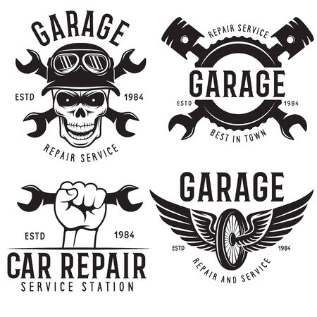 Vintage car service badges, templates, emblems and design elements, garage repair retro labels collection.のイラスト素材