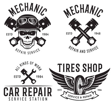 Vintage car service badges, templates, emblems and design elements, garage repair retro labels collection. Included tire service   mechanic tools, wrench, pistons and gear. Isolated vector illustration.のイラスト素材