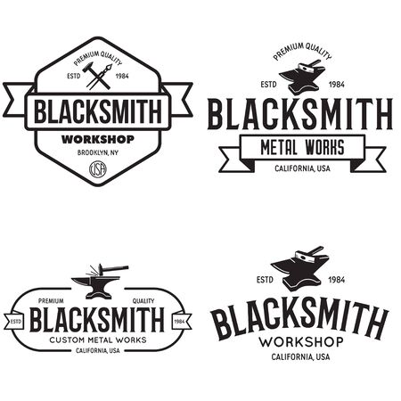 Blacksmith labels set. Design elements for metalworks service emblems, badges, logos. Monochrome seal collection. Vector vintage illustration.のイラスト素材