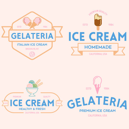 Set of vintage ice cream shop  badges and labels, gelateria signs. Retro  for cafeteria or bar. Isolated vector illustration.のイラスト素材