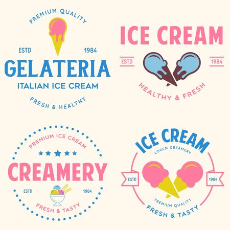 Set of vintage ice cream shop  badges and labels, gelateria signs. Retro logotypes for cafeteria or bar. Isolated vector illustration.のイラスト素材