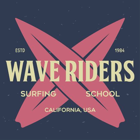 Vintage Surfing Emblem for web design or print. Surfer  template. Surf Badge. Summer fun. Surfboard elements. Outdoors activity - boarding on waves. Vector.のイラスト素材
