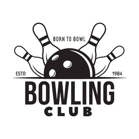 Vector vintage monochrome style bowling , icon, symbol. Bowling ball and bowling pins illustration. Trendy design elements, isolated on white background.のイラスト素材