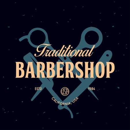 Vintage barbershop label. Template for the design and emblem. Collection of barbershop - symbols razor, pole, scissors. Vector illustration.のイラスト素材