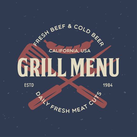 Steak House, barbecue, bbq party, restaurant template. Collection elements for grill menu design. Vintage vector illustration.のイラスト素材