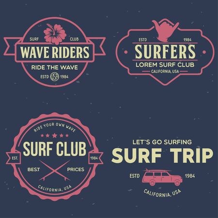 Vintage Surfing Emblems for web design or print. Surfer  templates. Surf Badges. Summer fun. Surfboard elements. Outdoors activity - boarding on waves. Vector.のイラスト素材