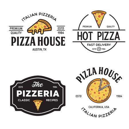 Set of pizza badges, banners, emblems for fast food restaurant. Collection labels for menu design restaurant or pizzeria. Isolated vector illustration.のイラスト素材