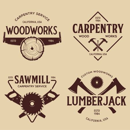 Woodwork badges. Set of carpentry, woodworkers, lumberjack, sawmill service monochrome vector labels, emblems . Isolated vector illustration.のイラスト素材