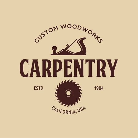 Woodwork badge for carpentry, woodworkers, lumberjack, sawmill service monochrome vector label, emblem  and design elements. Isolated vector illustration.のイラスト素材