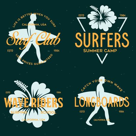 Vintage Surfing Emblems for web design or print. Surfer templates. Surf Badges. Summer fun. Surfboard elements. Outdoors activity - boarding on waves. Vector.のイラスト素材