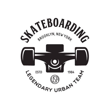 Skateboarding label badge. Skate shop logotype. Design elements for posters, t-shirt prints, emblems. Vector vintage illustration.のイラスト素材