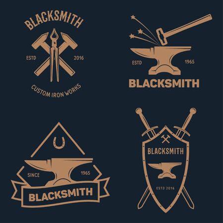 Blacksmith labels set. Design elements for metalworks service emblems, badges . Monochrome seal collection. Vector vintage illustration.のイラスト素材