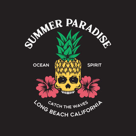 Summer paradise, fancy pineapple skull t-shirt print. Design for poster, print on the theme of summer. Vector vintage illustration.のイラスト素材