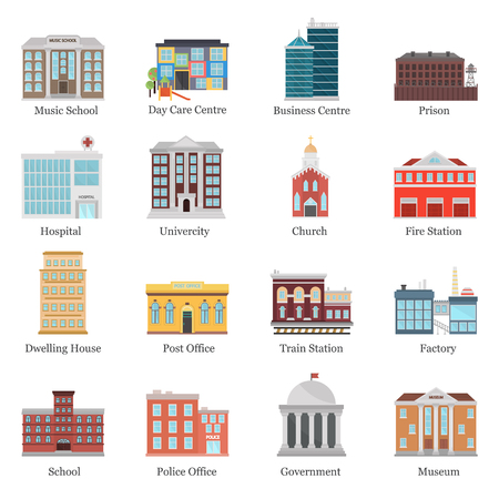 Color city elements buildings icons flat set. Stock Vector icon. Illustration for web and mobile designのイラスト素材