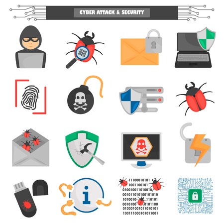Cyber attack and protection color flat icons setのイラスト素材