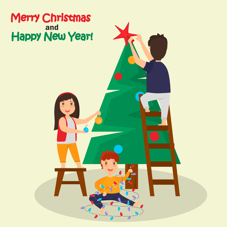 Children decorate Christmas tree color illustrationのイラスト素材
