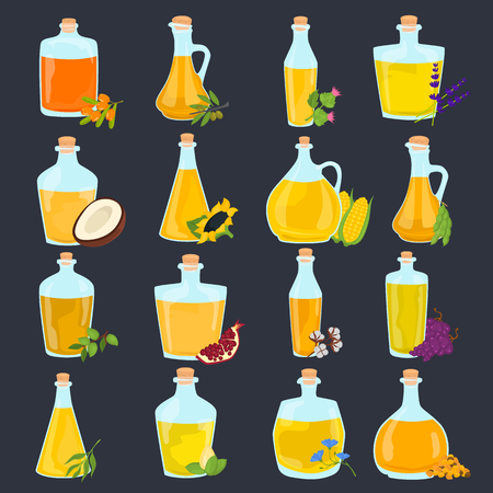 Set of different natural oils bottles color flat iconsのイラスト素材
