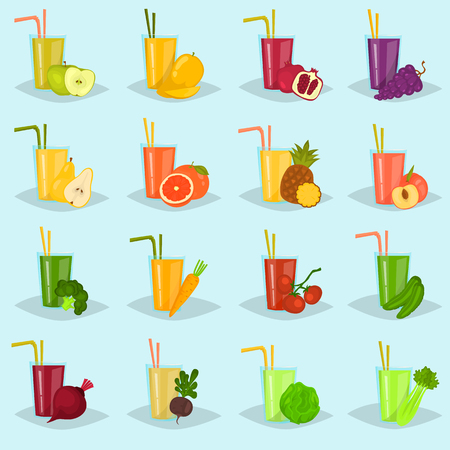 Set of different fruits and vegetables color flat icons set.のイラスト素材
