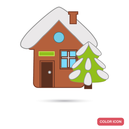 Snow-covered house and Christmas tree color flat icon for web and mobile designのイラスト素材