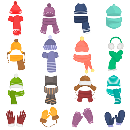 Set of winter hats and scarves colored flat iconsのイラスト素材