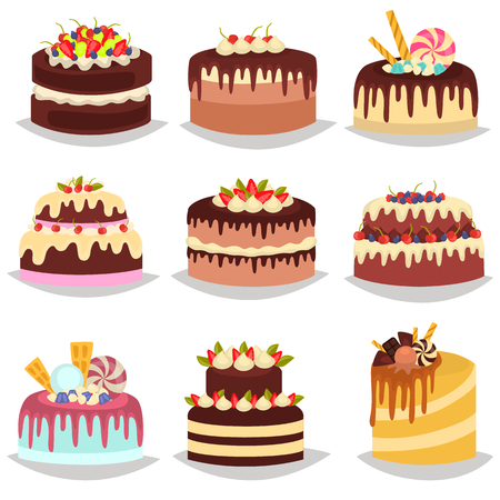 Colorful appetizing cakes with cream and decorations color icons set.のイラスト素材