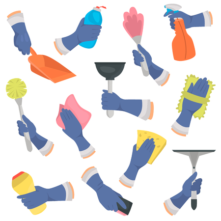Set of hands in a glove with different tools for cleaning color flat icons setのイラスト素材