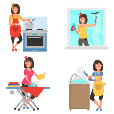 Housework at home color flat illustration setのイラスト素材