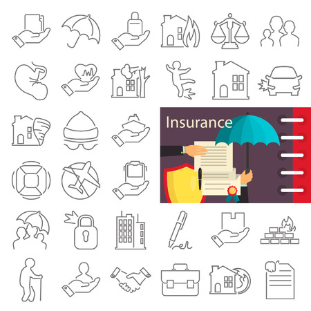 Insurance service line icons set decorated thematic color flat illustrationのイラスト素材